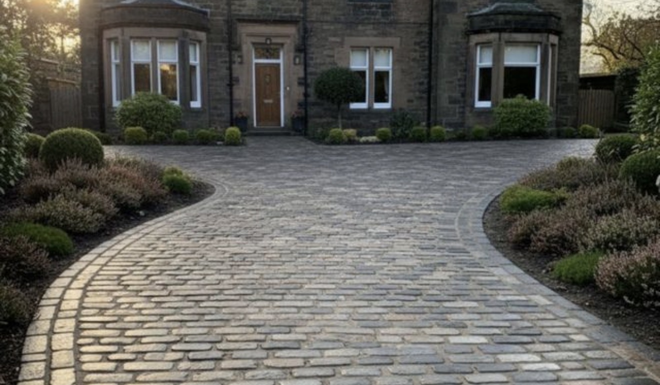 Completed curved natural stone cobble-set driveway in Cheshire